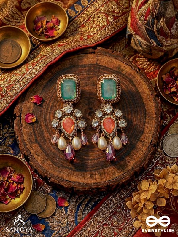 CHITRARATNA – ORNATE JEWEL – STATEMENT EARRINGS WITH FACETED STONE TOP, FLORAL GEM CLUSTER AND DANGLING CRYSTAL DROPS