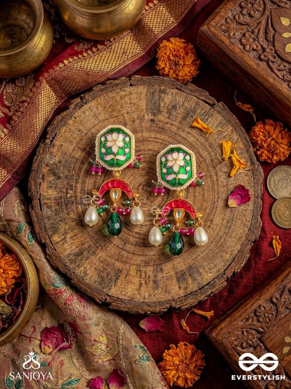 PRABHACHANDRI – RADIANT MOON – ORNATE EARRINGS WITH ENAMELLED BLOOM PANEL AND PEARL DROP ACCENTS