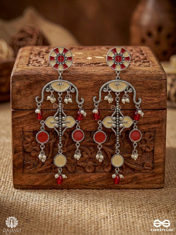 SURKH JHANKAR – OXIDISED EARRINGS WITH FLORAL STUD AND DANGLING CHARM DROPS