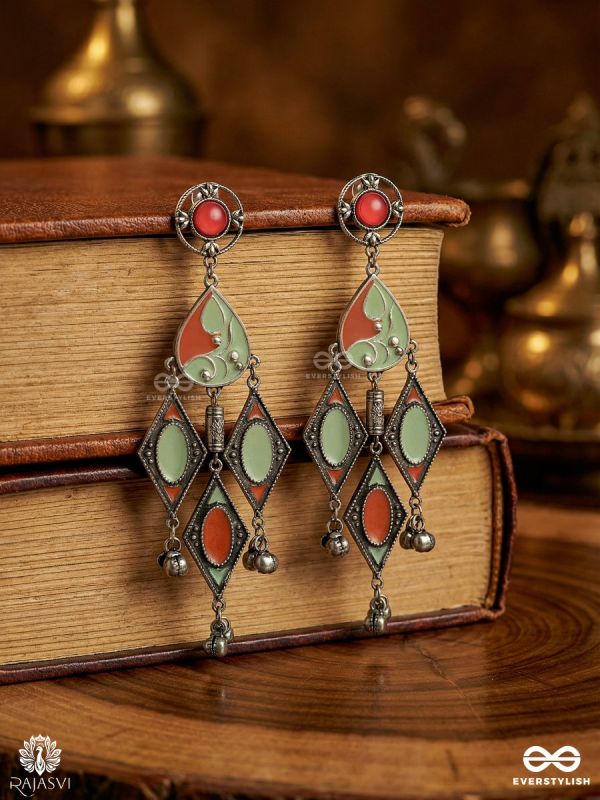 BOHO BAALI – OXIDISED STATEMENT EARRINGS WITH ORNATE PANELS AND BEAD DROPS