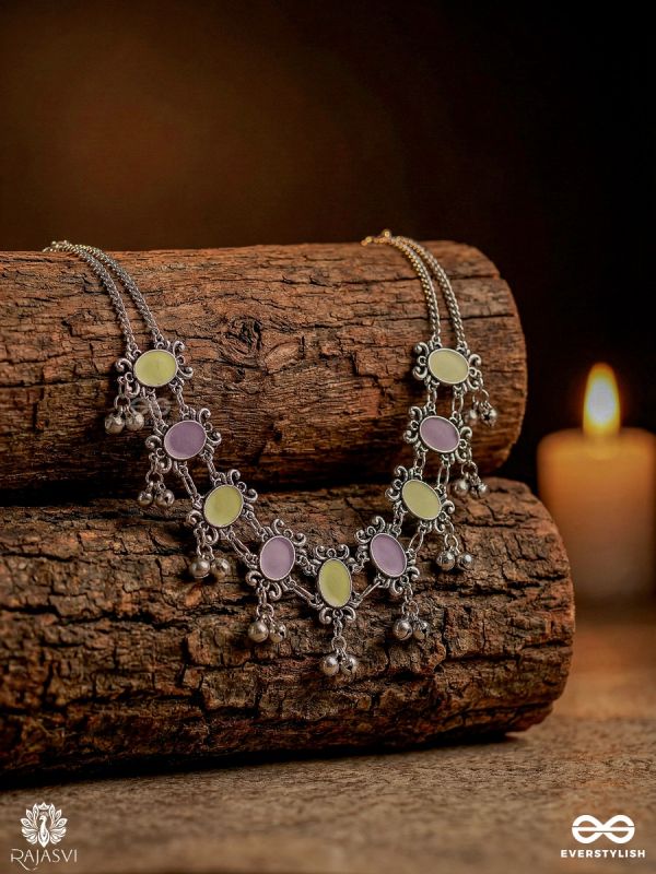 RANI TRINKET – OXIDISED STATEMENT NECKLACE WITH GEM PANELS AND JHUMKA DANGLERS