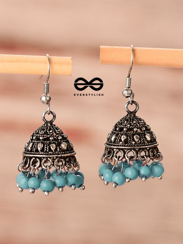 The Little Boho Oxidised Jhumkas (Blue) - Oxidised Boho Earrings