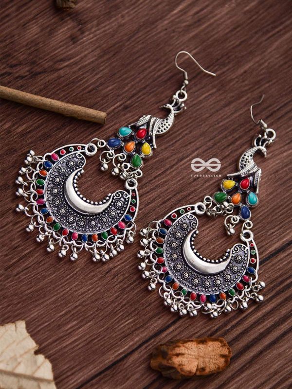 The Fanning Enamelled Peacocks - Oxidised Boho Earrings