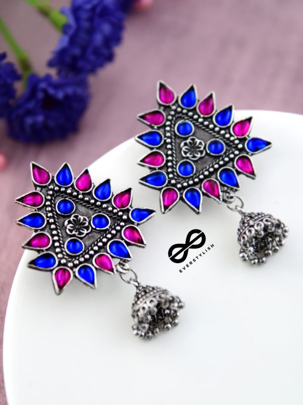 The Ethnic Wonders (Pink Blue) - Embellished Oxidised Earrings