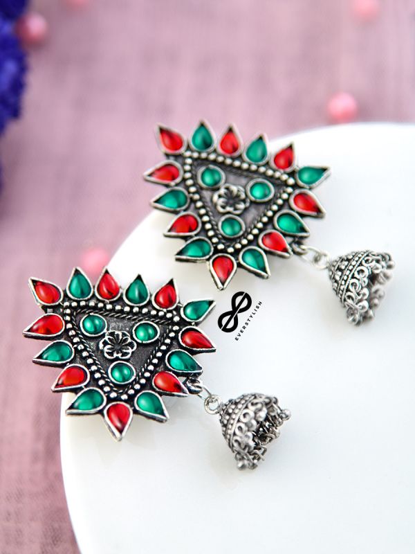 The Ethnic Wonders (Red Green) - Embellished Oxidised Earrings