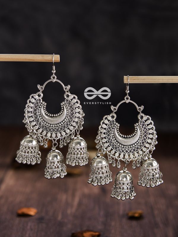 The Motif Moon Triple Jhumkas - Oxidised Boho Earrings