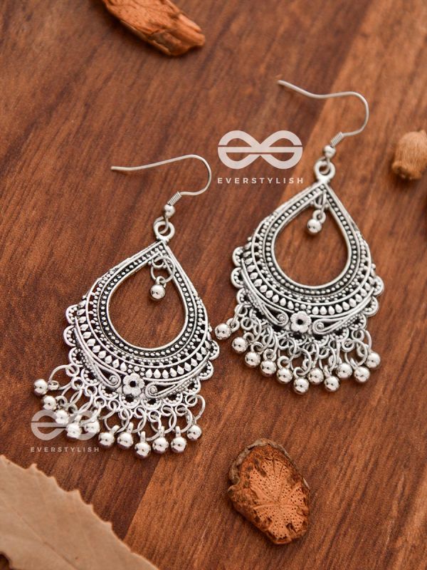 The Intricate Motif Drops - Oxidised Boho Earrings - Silver