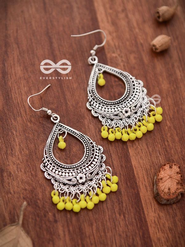 The Intricate Motif Drops (Yellow) - Oxidised Boho Earrings