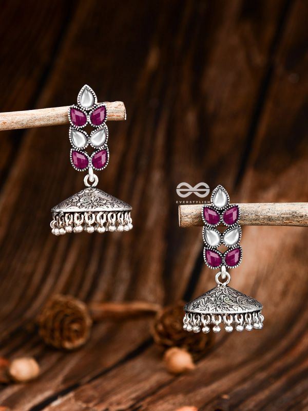 The Olive Branch Intricate Jhumkis - Ruby White - The Embellished Oxidised Collection