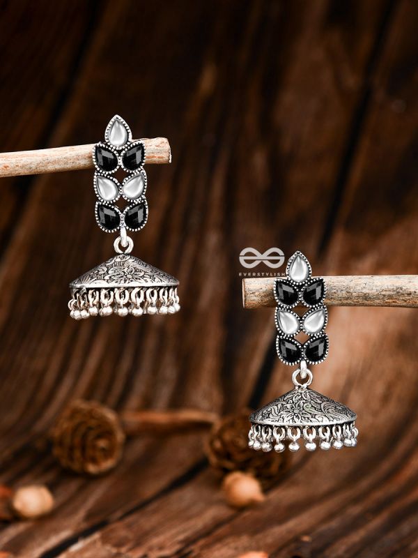 The Olive Branch Intricate Jhumkis - Black White - The Embellished Oxidised Collection