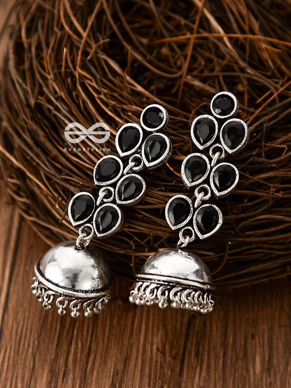 The Playfully Elegant Jhumkas (Onyx Black) - Embellished Oxidised Collection