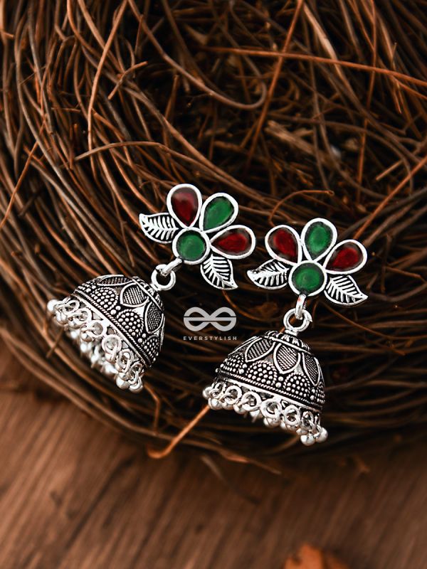 The Floral Delight Meenakari Arwork Jhumkis (Red-Green)