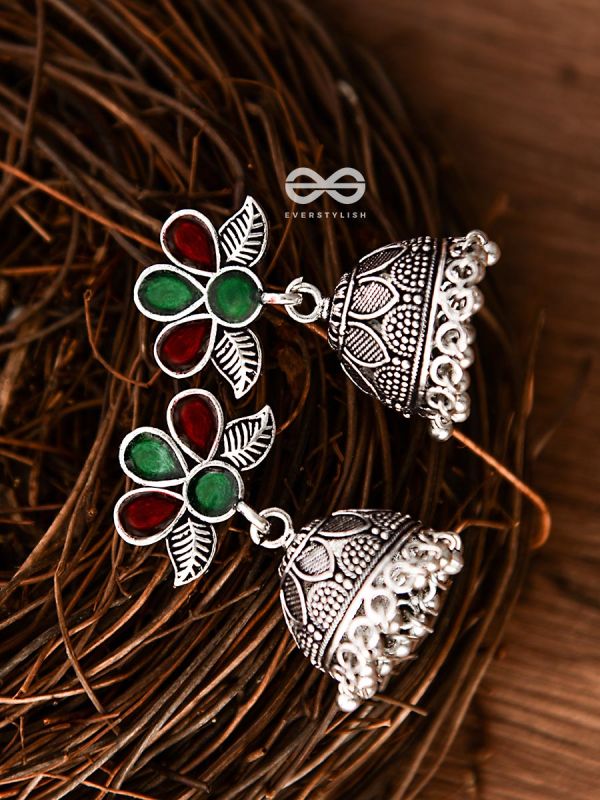 The Floral Delight Meenakari Arwork Jhumkis (Red-Green)