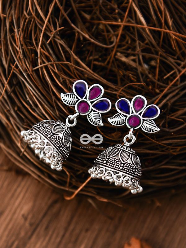 The Floral Delight Meenakari Arwork Jhumkis (Pink-Blue)