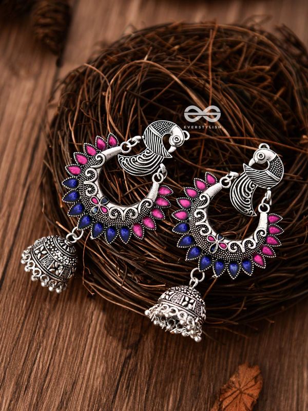 The Elegant Enamelled Peacocks Meenakari Artwork Jhumkas - (Pink-Blue)
