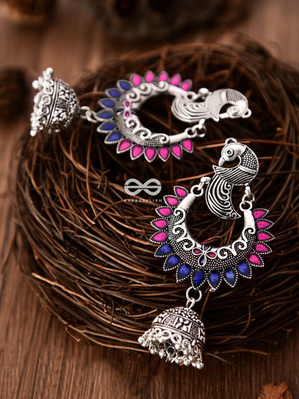 The Elegant Enamelled Peacocks Meenakari Artwork Jhumkas - (Pink-Blue)