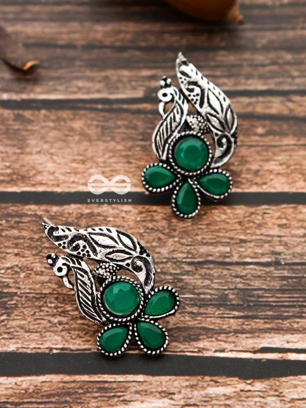 The Little Studded Peacock Studs - Emerald Green - The Embellished Oxidised Collection