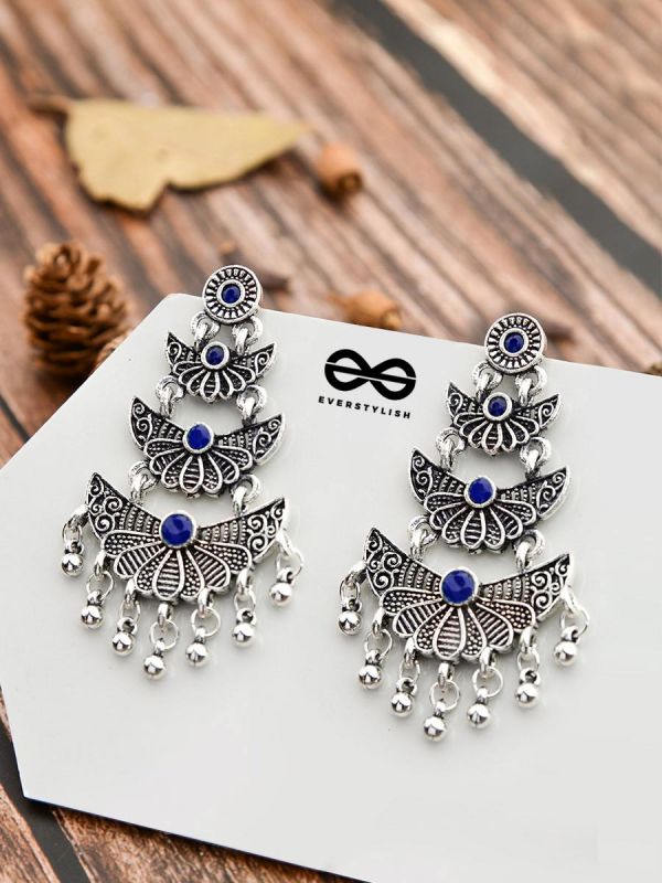 The Embellished Oxidised Collection - Triple Delight Earrings- Blue