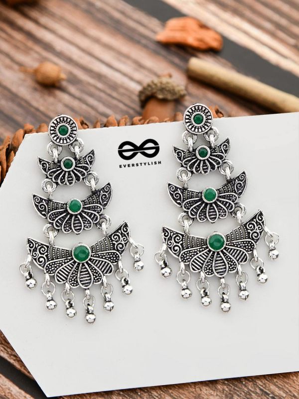 The Embellished Oxidised Collection - Triple Delight Earrings - Green