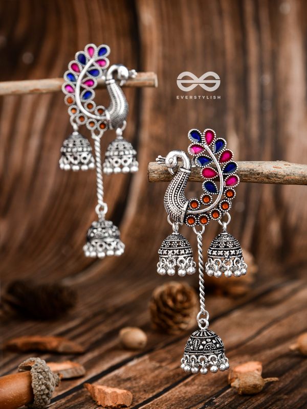 The Enamelled Peacocks Triple Jhumki Statement Earrings - Blue-Pink-Brown