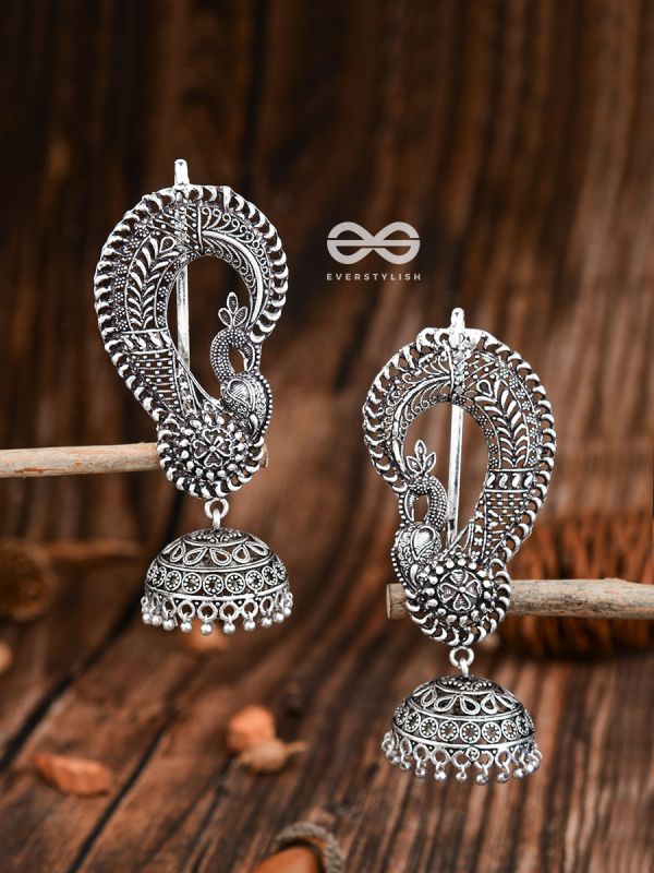 The Elegant Intricate Peacock Earcuffs - Oxidised Boho Earrings