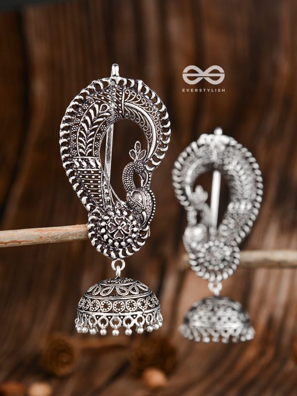 The Elegant Intricate Peacock Earcuffs - Oxidised Boho Earrings