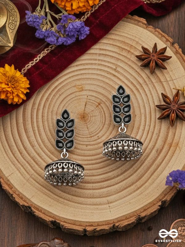 The Olive Branch Intricate Jhumkis - Onyx Black - The Embellished Oxidised Collection
