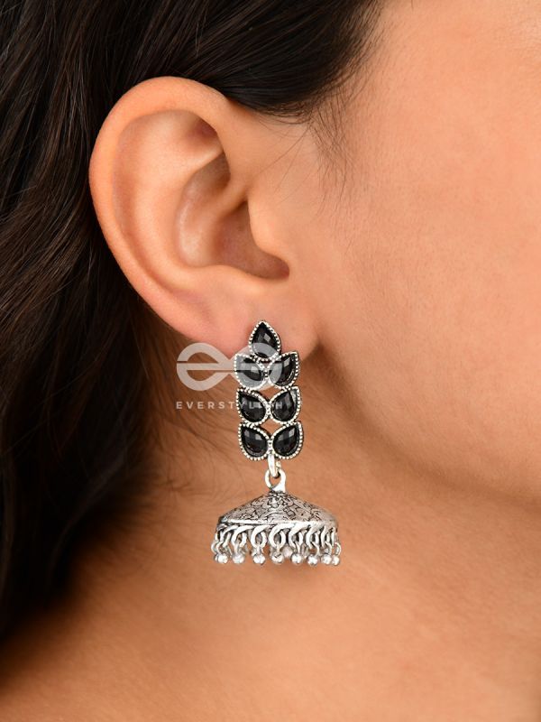 The Olive Branch Intricate Jhumkis - Onyx Black - The Embellished Oxidised Collection