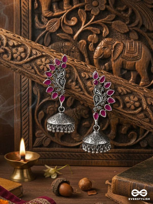 The Bohemian Elegance Floral Jhumkis (Ruby Red) - Oxidised Embellished Collection
