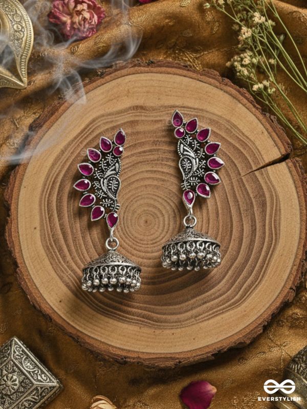 The Bohemian Elegance Floral Jhumkis (Ruby Red) - Oxidised Embellished Collection