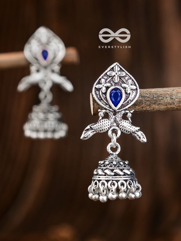 The Twin Peacock Artwork Jhumkis (Sapphire Blue) - Embellished Oxidised Collection