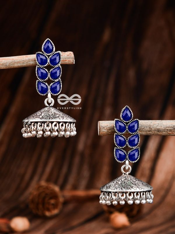 The Olive Branch Intricate Jhumkis - Royal Blue - The Embellished Oxidised Collection