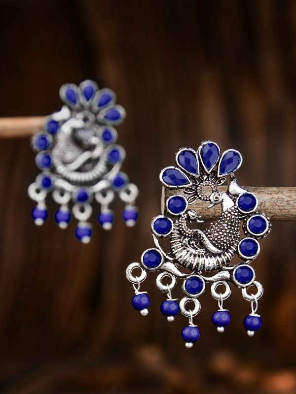 The Dangling Peacock Studs (Sapphire Blue) - Embellished Oxidised Collection