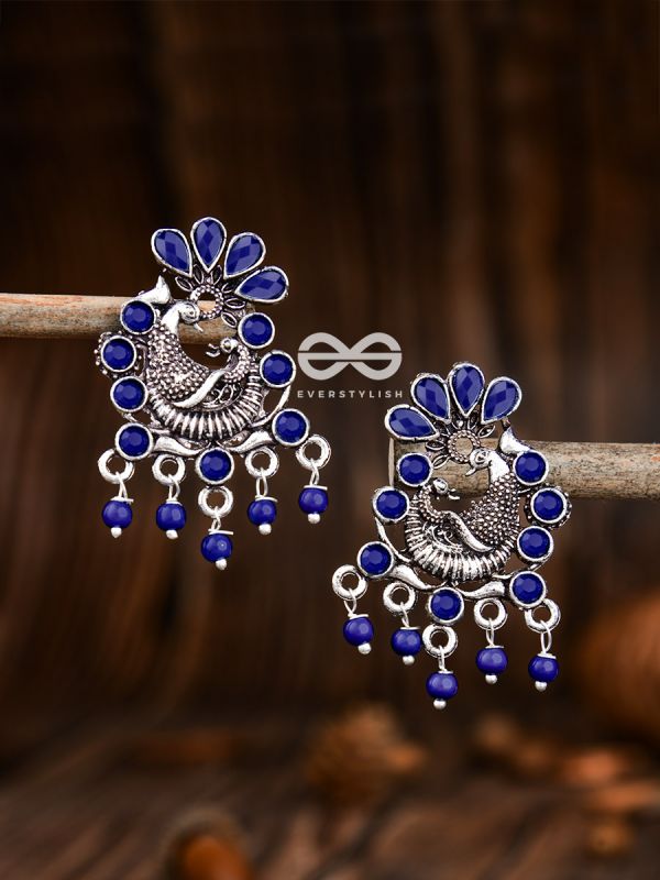 The Dangling Peacock Studs (Sapphire Blue) - Embellished Oxidised Collection