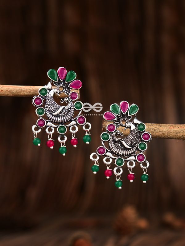 The Dangling Peacock Studs (Ruby Emerald) - Embellished Oxidised Collection