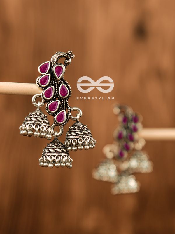 The Elegant Triple Jhumki Peacocks (Ruby Red) - Embellished Oxidised Collection