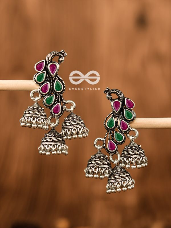 The Elegant Triple Jhumki Peacocks (Ruby-Emerald) - Embellished Oxidised Collection