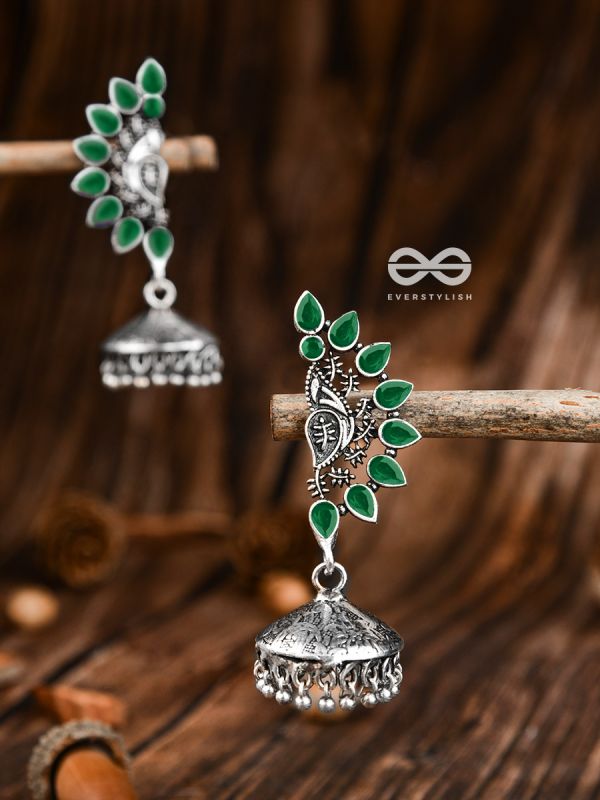 The Bohemian Elegance Floral Jhumkis (Emerald) - Oxidised Embellished Collection