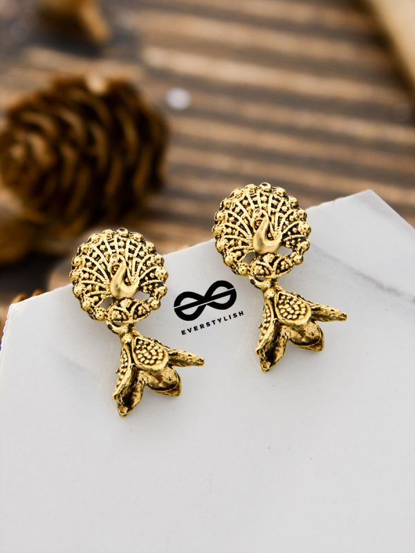 The Little Golden Peacock - Tiny Trinket Earrings