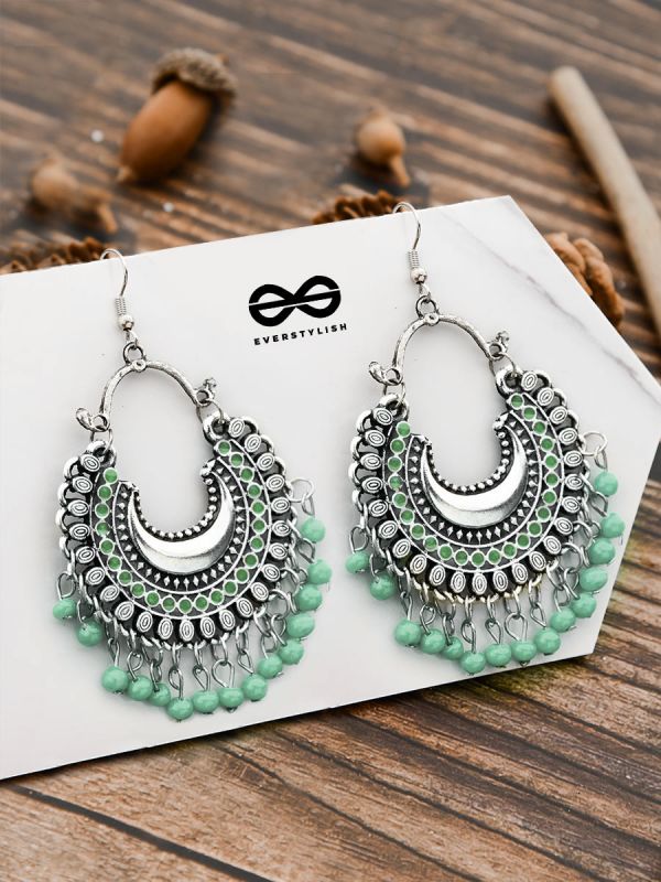 The Motif Moon - Oxidised Chandbali Earrings (Sea Green)