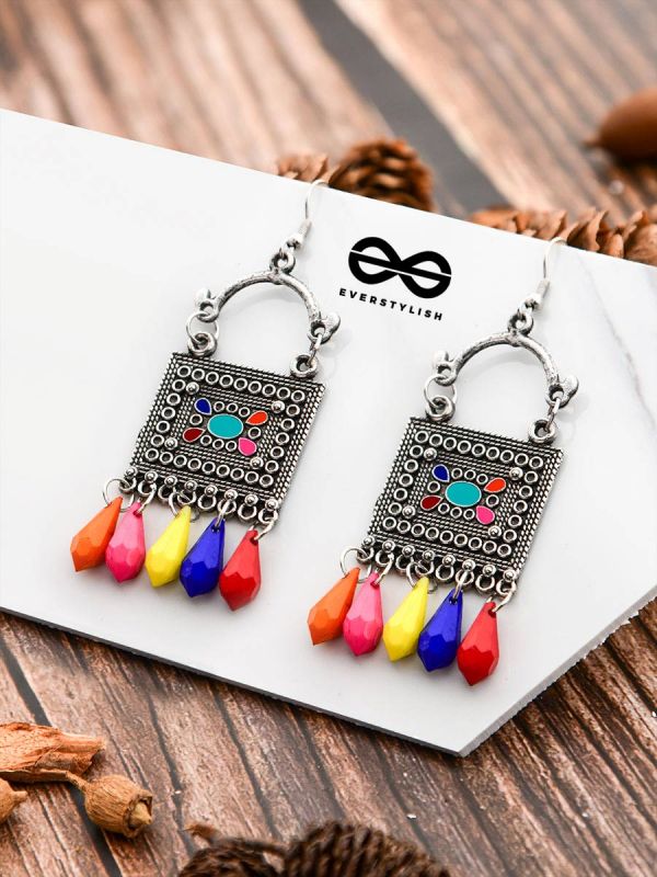 The Embellished Trunk - Oxidised Boho Earrings - Multicoloured Droplets
