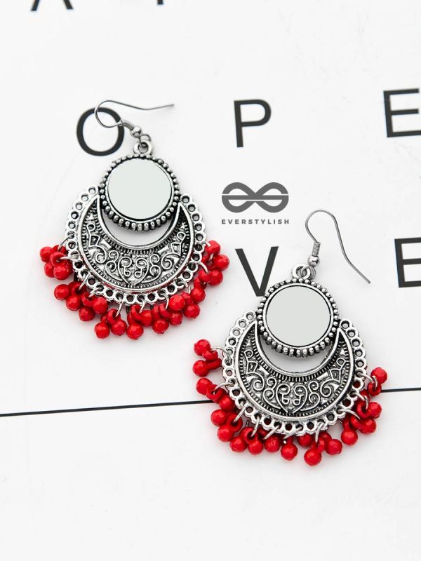 The Mirror Motifs - Oxidised Boho Earrings - Red