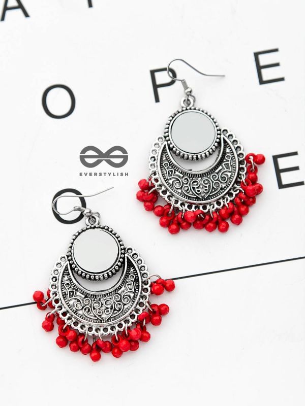The Mirror Motifs - Oxidised Boho Earrings - Red
