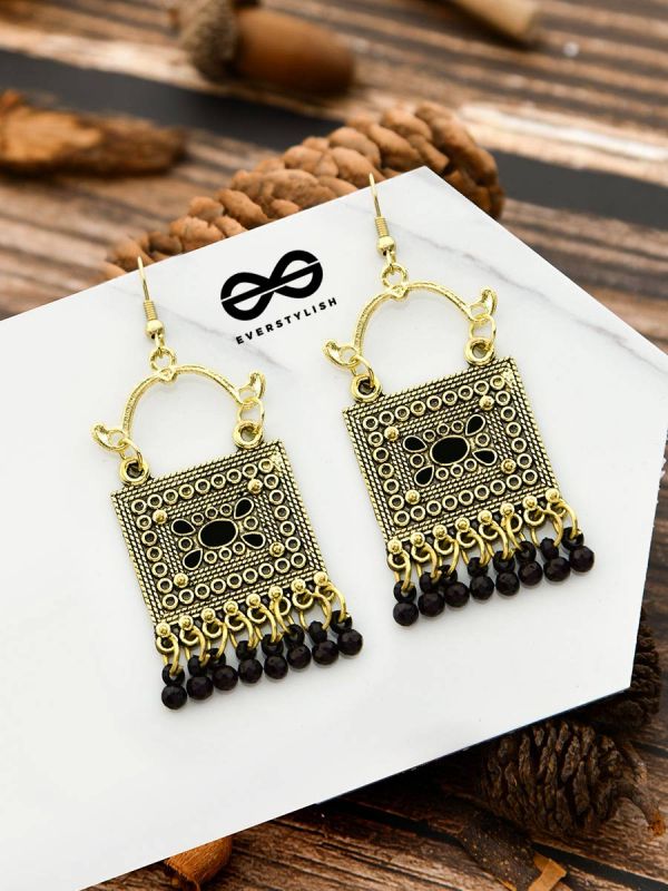 The Embellished Trunk - Oxidised Boho Earrings - Golden Black