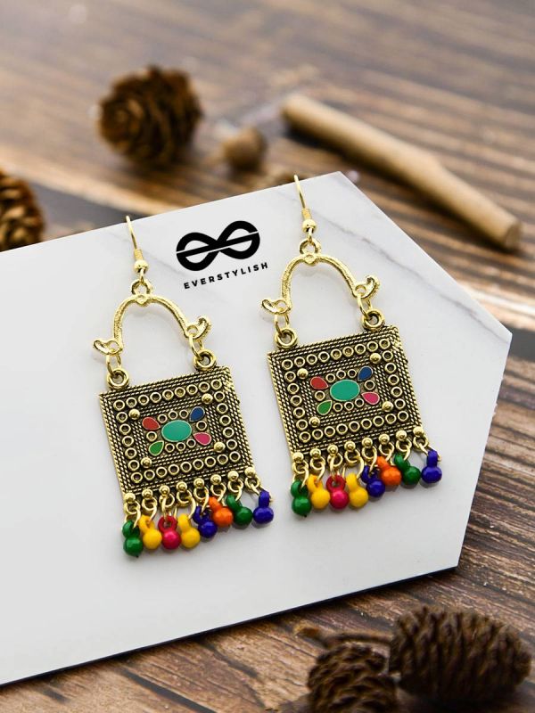 The Embellished Trunk - Oxidised Boho Earrings - Golden Multicolour