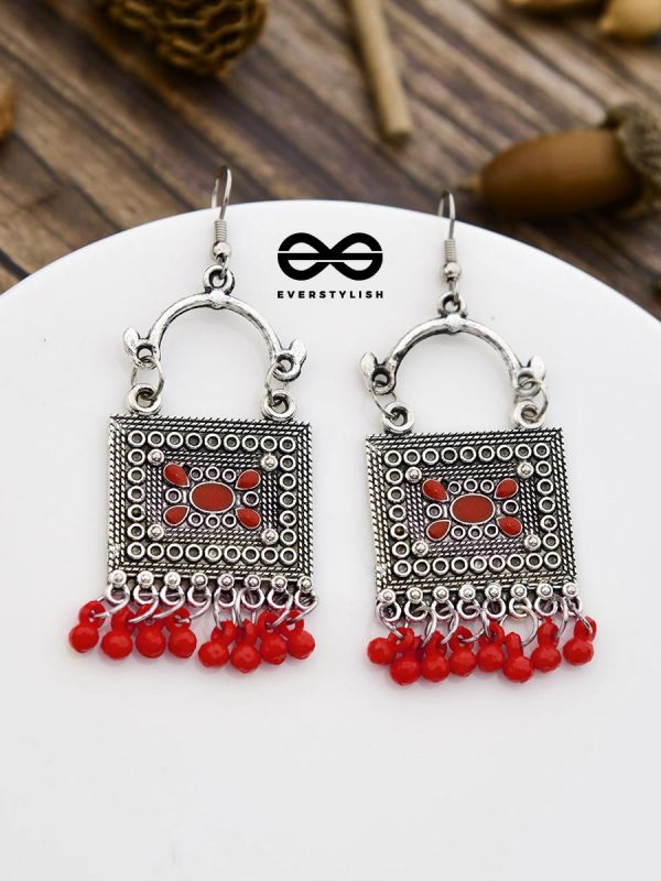The Embellished Trunk - Oxidised Boho Earrings - Red