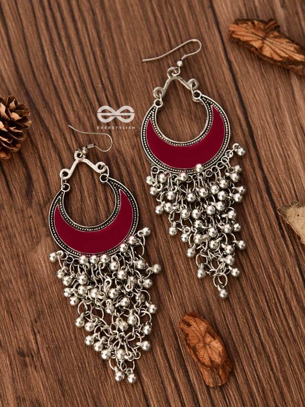 The Enamelled Moon Jhaalar (Red) - Oxidised Boho Earrings