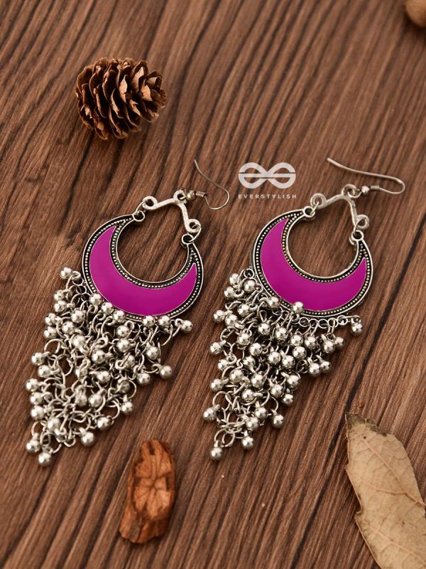 The Enamelled Moon Jhaalar (Pink) - Oxidised Boho Earrings