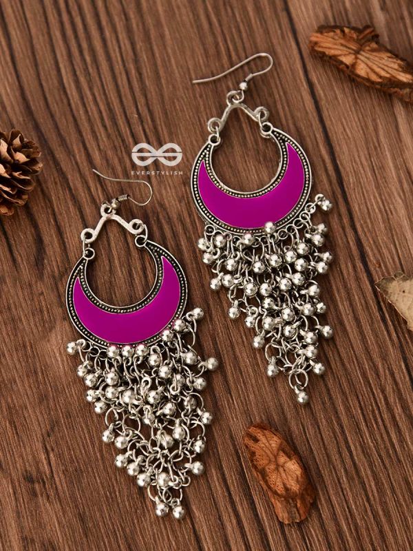 The Enamelled Moon Jhaalar (Pink) - Oxidised Boho Earrings