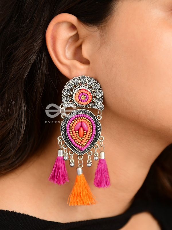 The Layered Tasseled Statement Makers (Pink-Orange) - The Embroidered Oxidised Collection